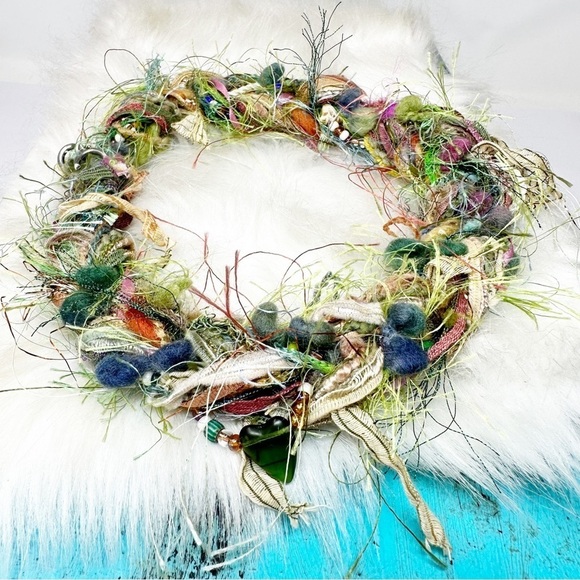 Green Pink Woven Fiber Beaded Necklace Textile Fiber Art Seed Beads Statement - Picture 1 of 12